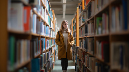 Young woman exploring rows of books in a library during quiet afternoon hoursの素材
