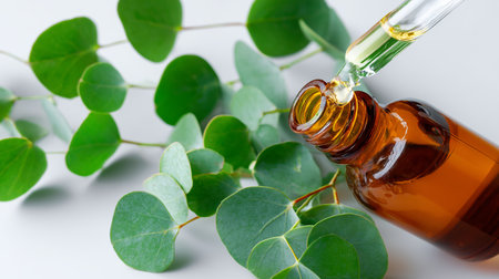 Eucalyptus oil dropper with fresh leaves on a light backgroundの素材