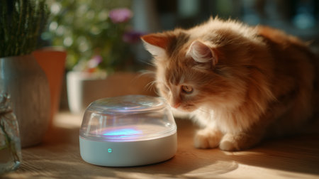 Curious cat inspects colorful light device at home in warm afternoon sunlightの素材