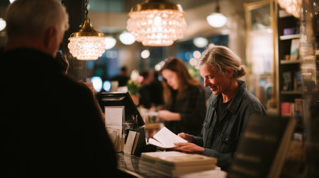 Woman enjoys reading a book while working at a cozy cafe during evening hoursの素材