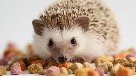 Hedgehog exploring colorful food on a plain surface in a well-lit settingの素材