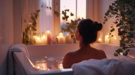 Relaxing evening bath with candles and plants at sunset in a cozy bathroomの素材