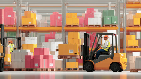 Forklift operator transporting packages in a busy warehouse during daytime work hoursの素材