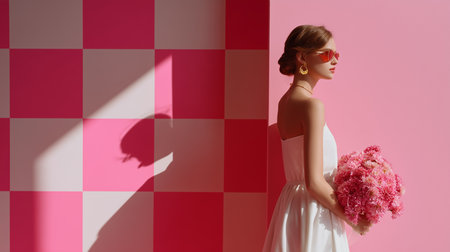 Model poses in a stylish white dress with pink flowers against a colorful backdropの素材