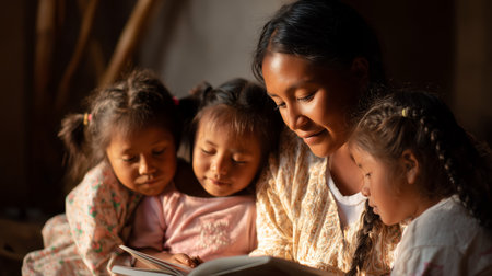 Mother sharing stories with her children in a cozy setting during the eveningの素材