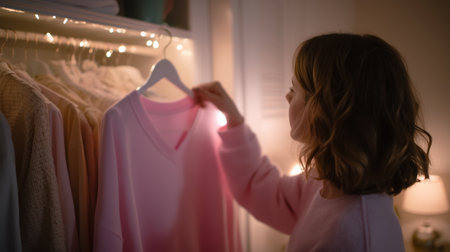 Choosing a cozy sweater in a softly lit room during evening hoursの素材