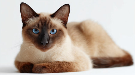 Siamese cat with blue eyes resting on a light surface in a calm indoor settingの素材