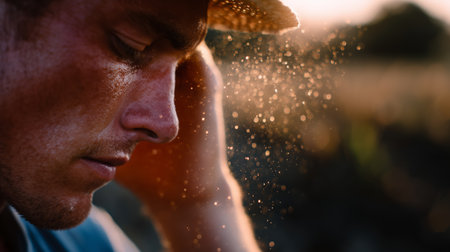 Farmer working under the sun sweating during evening harvest season in rural countrysideの素材