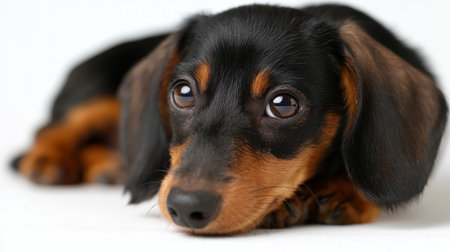 Cute dachshund puppy lounging with expressive eyes and shiny furの素材