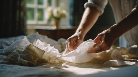 Hands folding fresh linen in a sunlit bedroom in the morningの素材