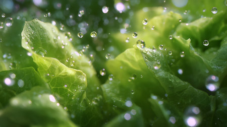 Fresh lettuce leaves glistening with water droplets in a garden settingの素材