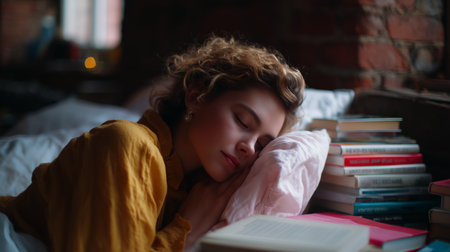 Young woman peacefully sleeping next to a stack of books in a cozy room settingの素材
