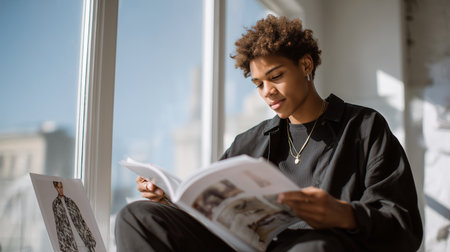 Engaging young person reading fashion magazine indoors with natural light in cozy settingの素材