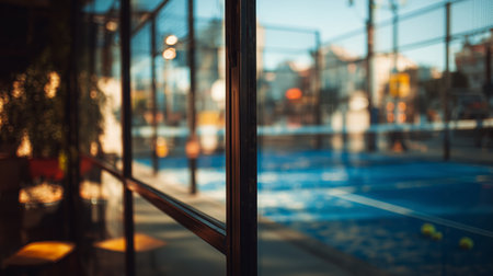 Stunning view of outdoor padel court during afternoon light in a vibrant cityの素材