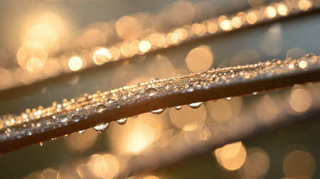 Dewdrops sparkle on metal rods during golden hour at dawnの素材