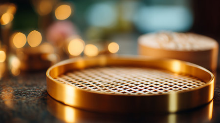 Golden bamboo steamer on counter with warm bokeh background during evening ambianceの素材