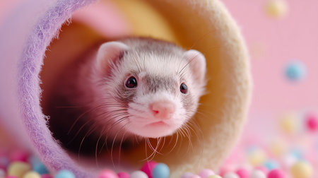 Ferret exploring a colorful environment with playful pastel elementsの素材