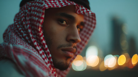 Young man in traditional attire looks introspective against a blurred city backdropの素材