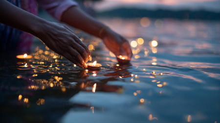 Floating candles create a serene atmosphere on a tranquil lake at duskの素材