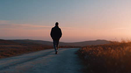 Man walking along a scenic path at sunset on a calm eveningの素材