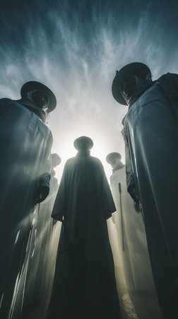 Mysterious figures in white cloaks gather under a dramatic sky at duskの素材