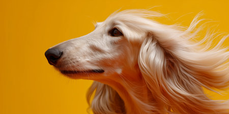 Beautiful saluki dog with flowing fur against bright yellow backgroundの素材