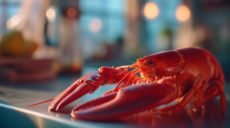 Fresh lobster ready for preparation in a bright kitchen settingの素材