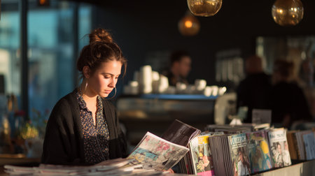 Woman reading magazines in a cafe during afternoon sunlightの素材