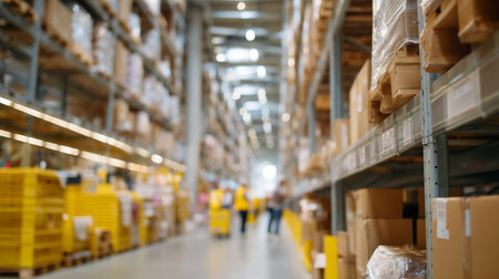 Workers moving through a busy warehouse filled with stacked boxes and inventoryの素材