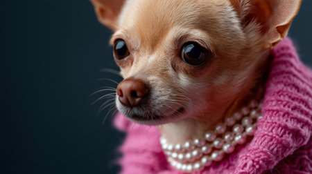 Small dog dressed in a pink sweater and pearls posing elegantly against a dark backgroundの素材