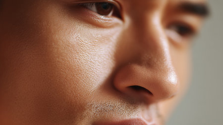 Close view of a young mans facial features showcasing smooth skin and focused expressionの素材