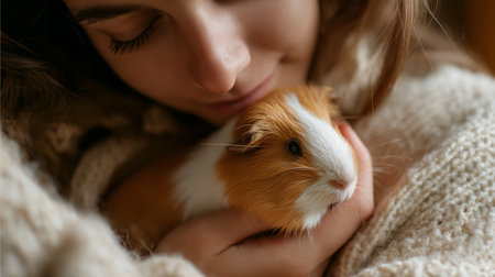 Young woman cuddles with a guinea pig in cozy sweater during a relaxed indoor momentの素材