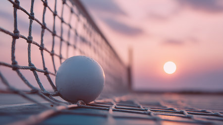 Sunset over a volleyball net with a ball resting on the stringsの素材