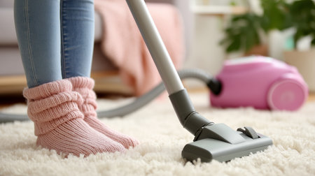 Cleaning carpet with vacuum by person in cozy socks in living room during daytimeの素材