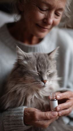 Senior woman caring for fluffy cat with calming oil at home during relaxed afternoonの素材