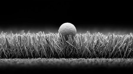 Close up of a golf ball resting on turf during a calm moment on the courseの素材