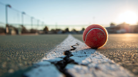 Tennis ball rests on cracked court as sun sets in backgroundの素材