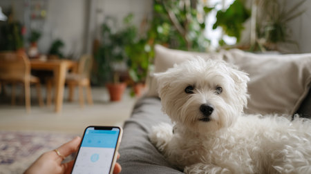 White fluffy dog relaxing on a couch while owner uses phone in a cozy living roomの素材