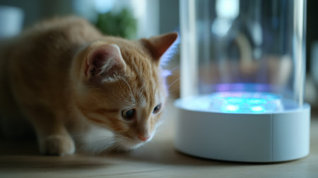 Curious orange cat exploring a glowing device on a wooden table in a cozy home settingの素材