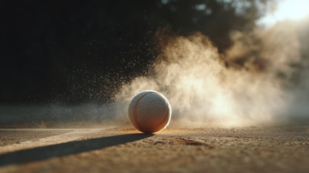 Tennis ball rolling on court with dust rising in the evening lightの素材