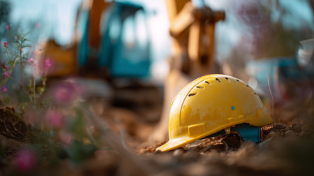 Construction site with yellow hard hat resting on the ground during bright daytimeの素材