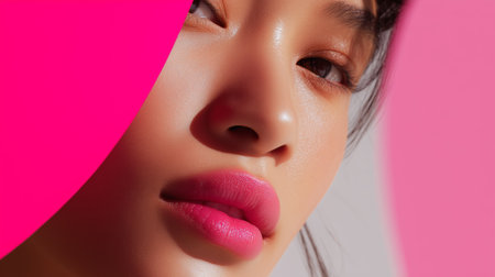 Model showcases vibrant makeup looks with bold colors and striking lightingの素材