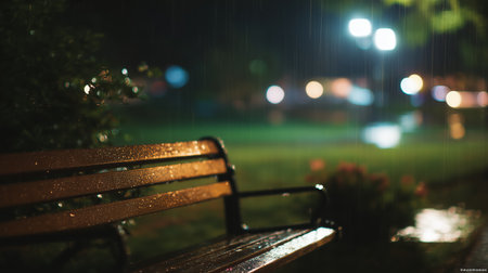 Rain falls softly on a park bench at night under soft glowing lightsの素材