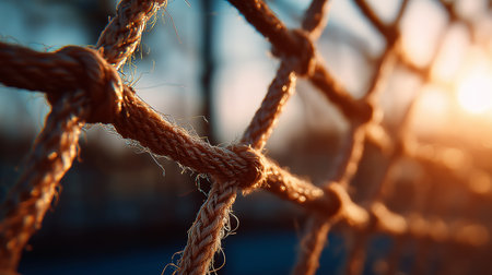 Detailed view of a textured rope netting at sunset with warm light and a soft backgroundの素材
