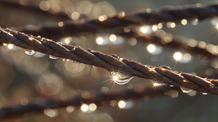 Morning dew glistens on twisted metal cables in soft sunlightの素材