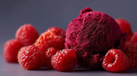 Delicious raspberry sorbet surrounded by fresh raspberries on a dark surfaceの素材