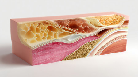 Detailed cross-section model showing layers of skin, fat, and connective tissues in human anatomyの素材