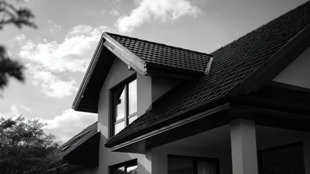 House with unique roof design against a cloudy sky in black and whiteの素材