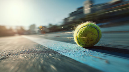 Tennis ball rolls on court during sunset with blurred city backgroundの素材