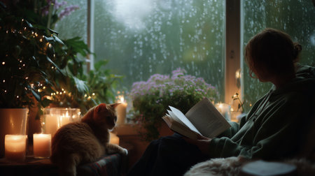 Cozy reading time by the window with candles and a cat during a rainy dayの素材